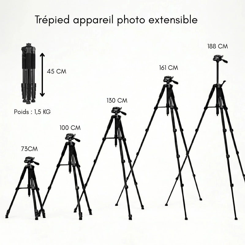 Dimensions du trépied appareil photo 188 CM grips en mousse