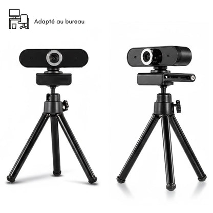Trépied bureau noir avec une webcam clipsé dessus 