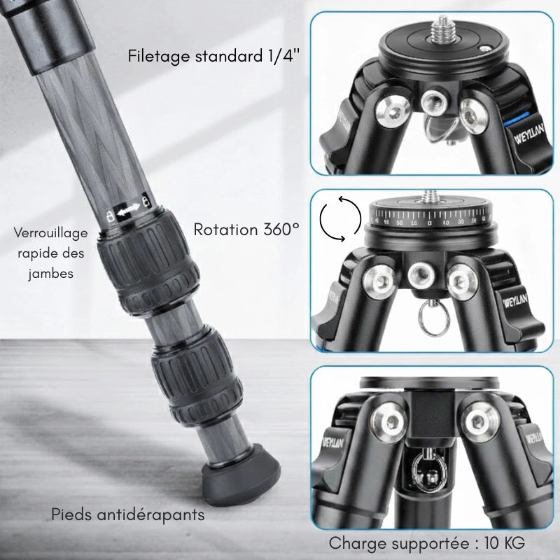 Détails du trépied carbone extensible