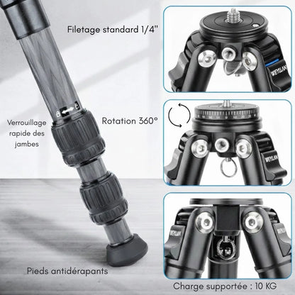 Détails du trépied carbone extensible