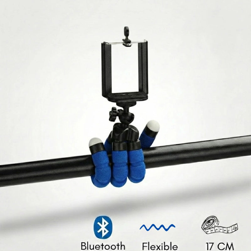 Trépied flexible Bluetooth bleu accroché sur une barre