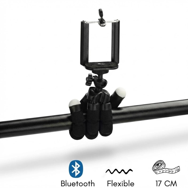 Trépied flexible Bluetooth noir accroché sur une barre