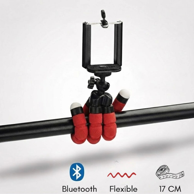 Trépied flexible Bluetooth rouge accroché sur une barre