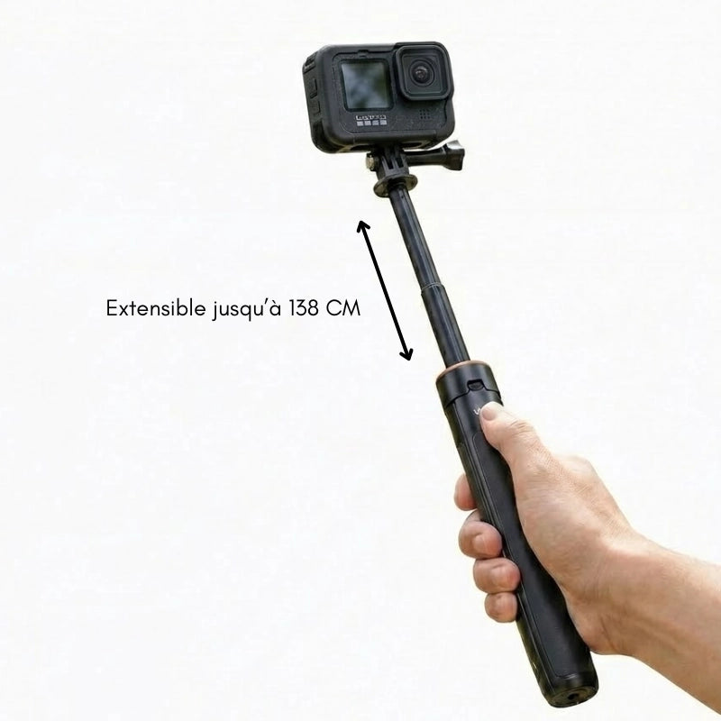 Trépied GoPro noir vrig tenu à la main avec une informations 