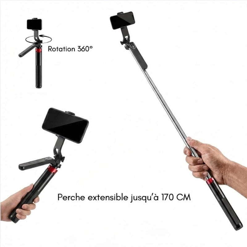 Trépied iPhone 170 CM motif rouge tenu à la main tel une perche à selfie