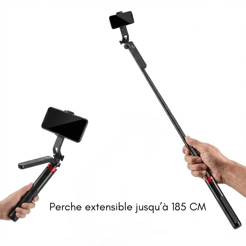 Trépied iPhone 185 CM motif rouge tenu à la main tel une perche à selfie