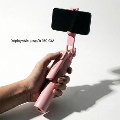 Trépied téléphone 170 CM rose tenu tel une perche à selfie