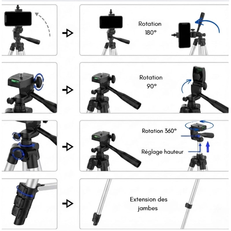 Informations d'utilisations du trépied téléphone argent