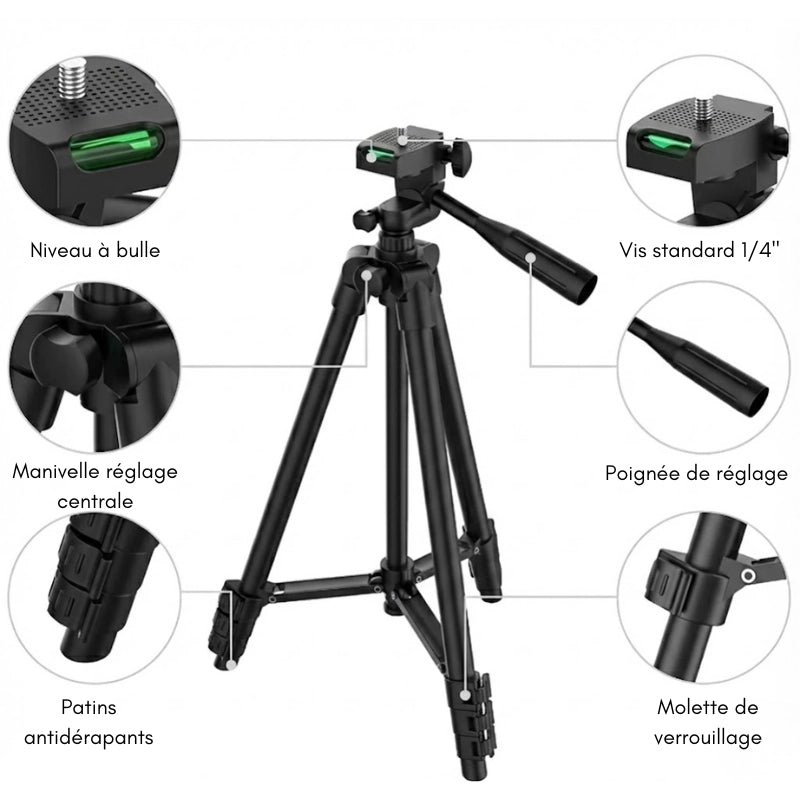 Informations d'utilisations du trépied téléphone noir